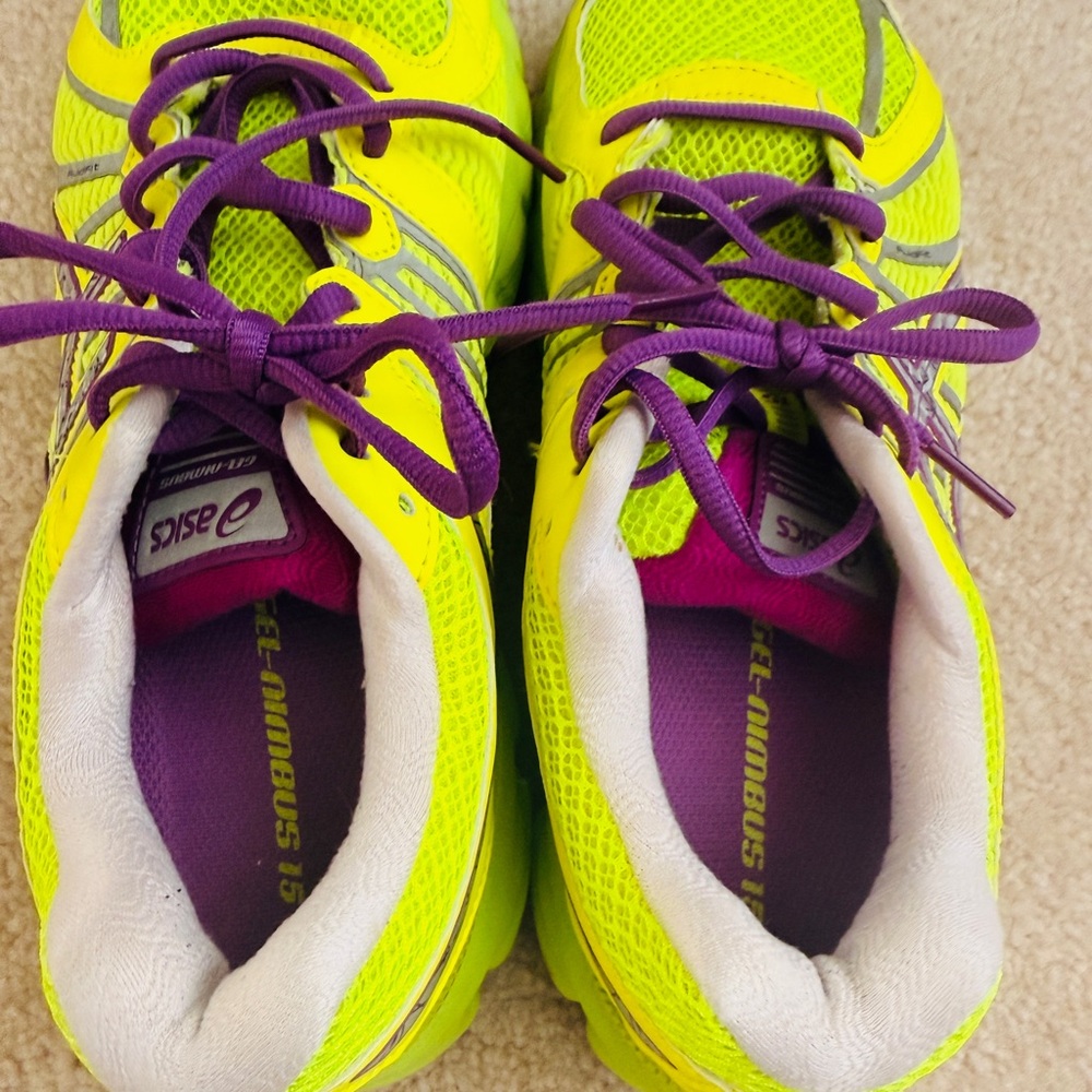ASICS Women's Gel Nimbus 15 Neon Yellow and Purple Running Shoes 🦄 - Picture 4 of 5
